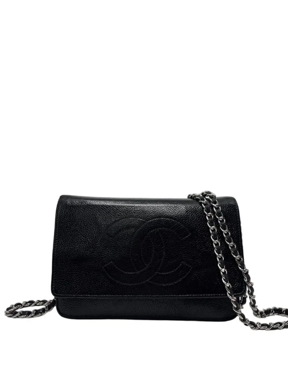 Chanel Super Caviar Leather Chain Wallet Black CC Logo Shoulder
